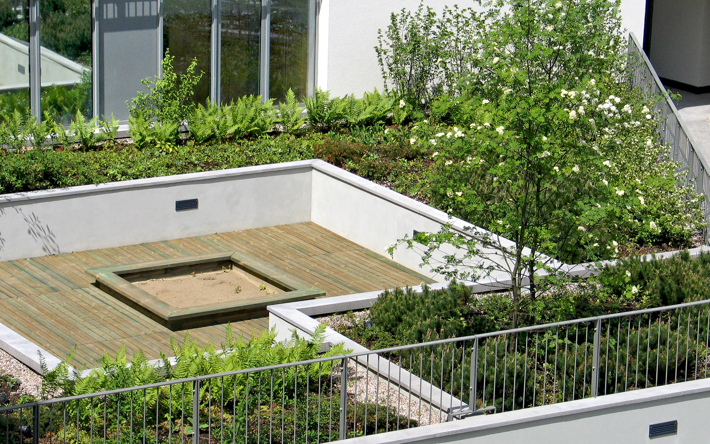 Roof garden with wooden decking and lush greenery